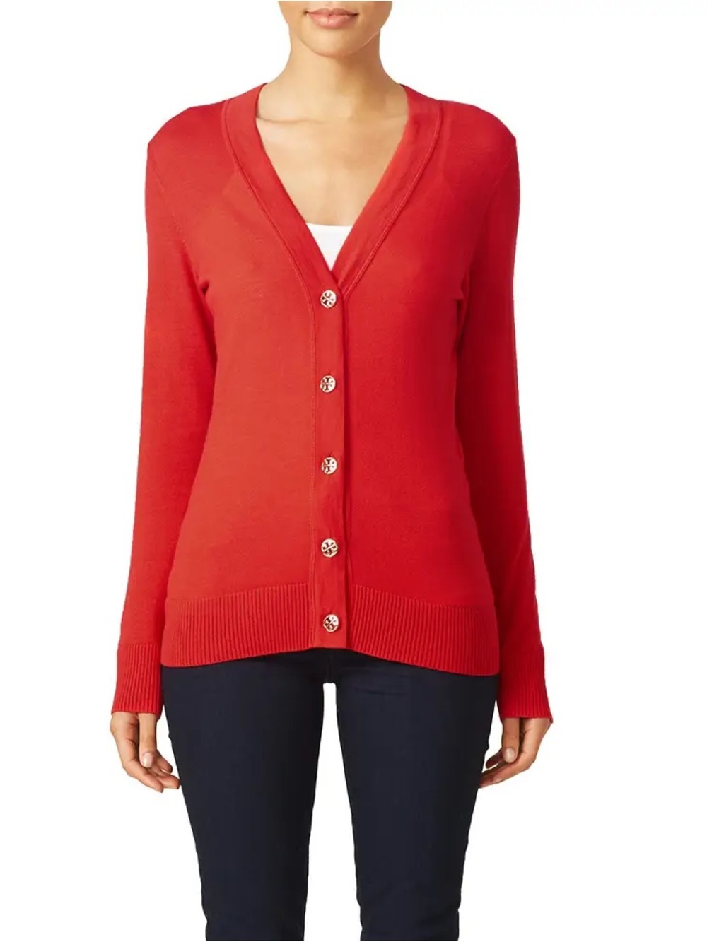 Tory Burch Simone Red/Pink 100% Merino Wool Cardigan W/ gold buttons